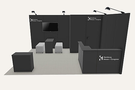 Ausstattungsbeispiel Anthrazit mit Möbeln | Refab Stand mit recyceltem Material Ausstattungsbeispiel Anthrazit mit Möbeln | Refab Stand mit recyceltem Material