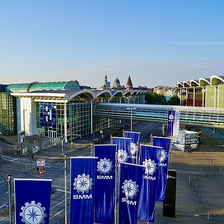 Hamburg Messe: Fairground at the time of SMM with flags