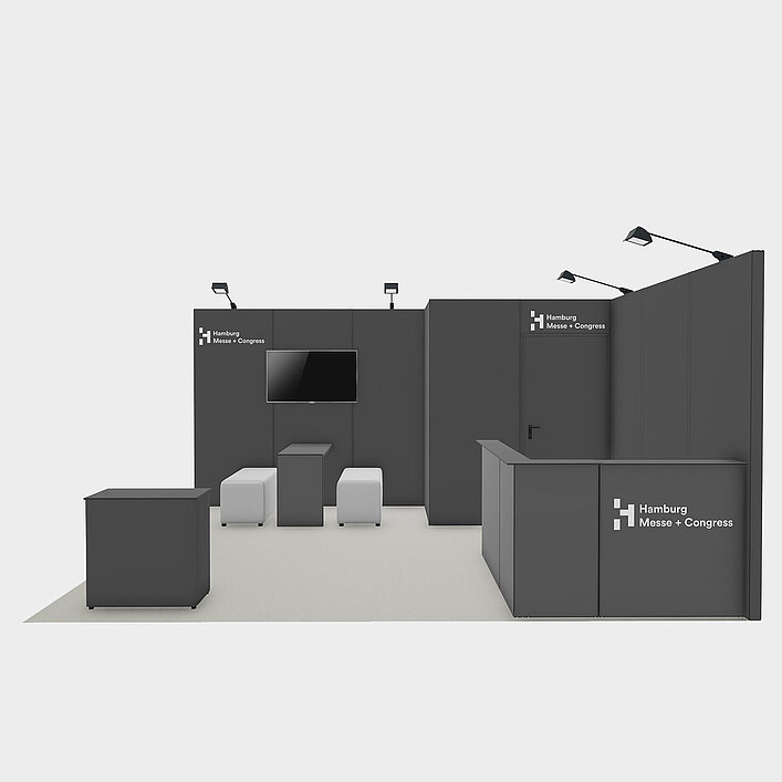 Ausstattungsbeispiel Anthrazit mit Möbeln | Refab Stand mit recyceltem Material Ausstattungsbeispiel Anthrazit mit Möbeln | Refab Stand mit recyceltem Material