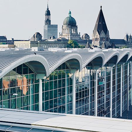 Hamburg Fair: Facade, skywalk and view of Hamburg churches